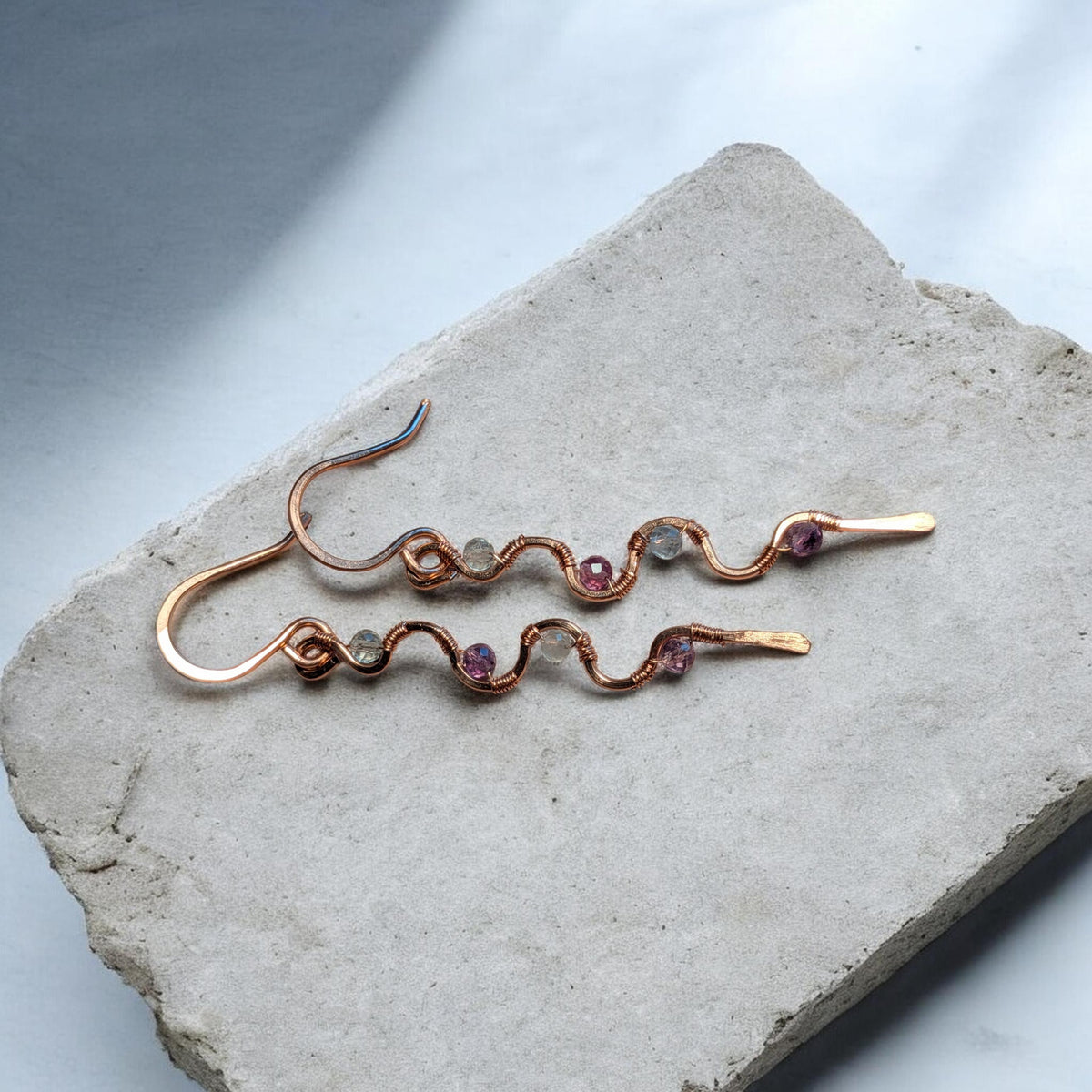Fluorite and copper swirl earrings