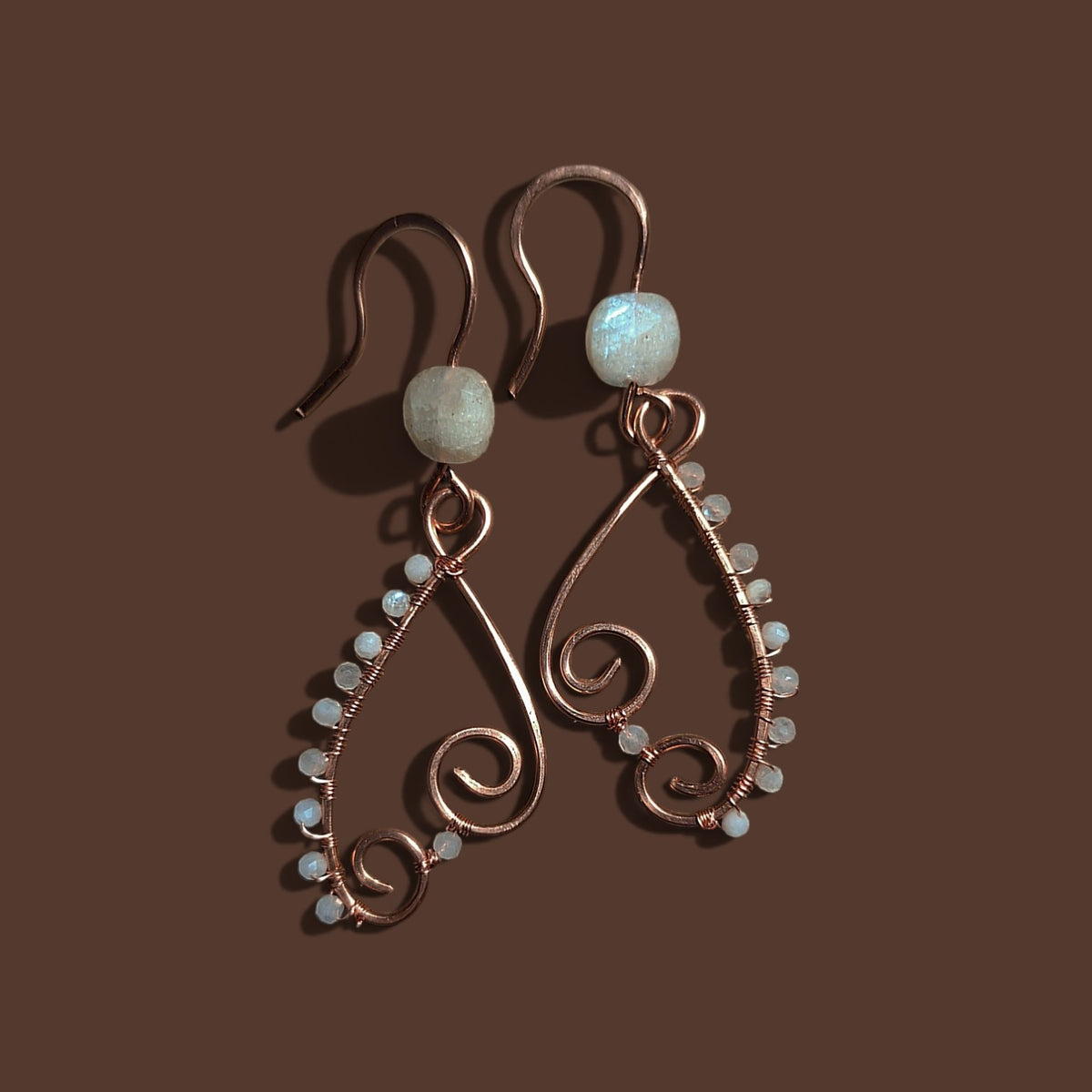 Copper Moonstone swirl earrings